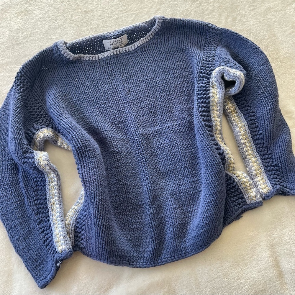 Vintage Blue Sweater with Cream Trim